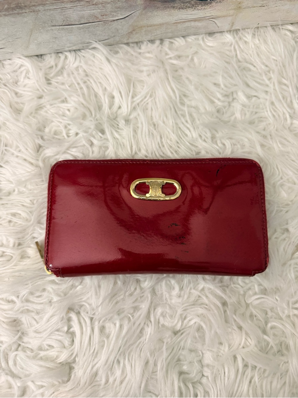 Celine Authentic Red Patent Zip-Around Wallet with Gold Hardwaret